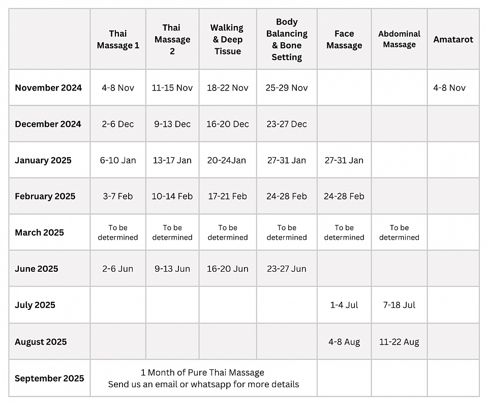 Sirichan Massage Learning Center Calendar