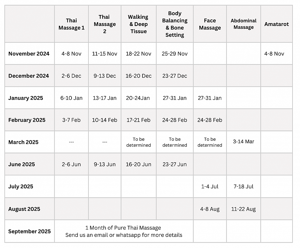 Sirichan Massage Learning Center Calendar